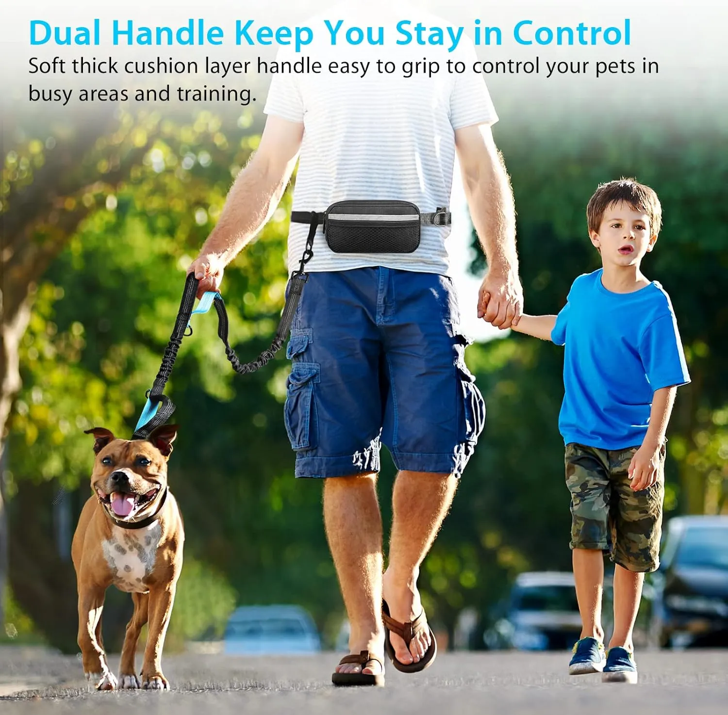 Hands Free Dog Running Leash with Adjustable Waist Belt, Dual Handle Elastic Bungees Retractable Rope for Small and Medium Dogs, Reflective Stitches for Walking Hiking Biking (Medium, 8-25lb)