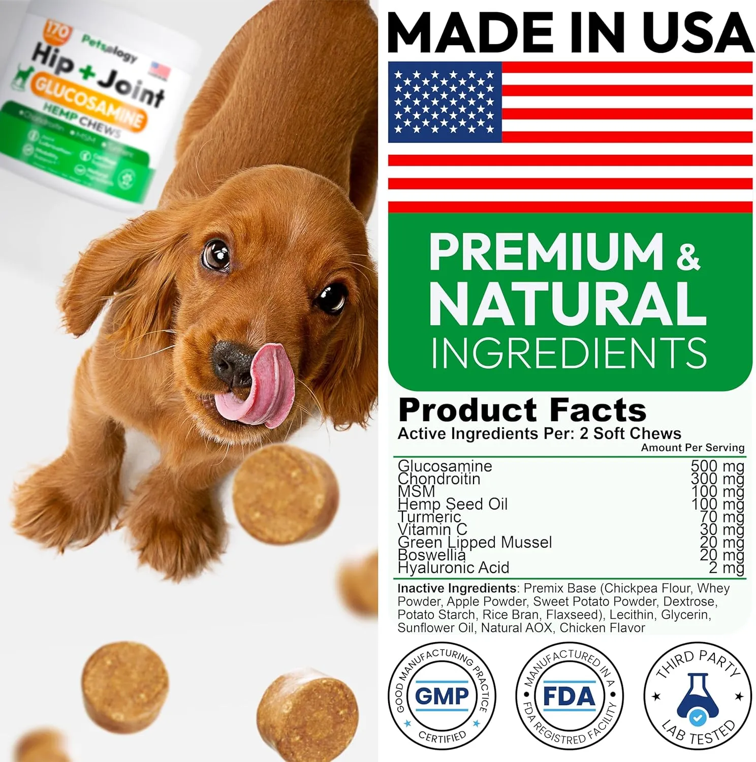 Hemp Hip and Joint Supplement for Dogs - Glucosamine for Dogs - 170 Mobility Support Chews - Advanced Joint Pain Relief Treats with Chondroitin, MSM, Turmeric - Large & Small Breeds - Made in USA