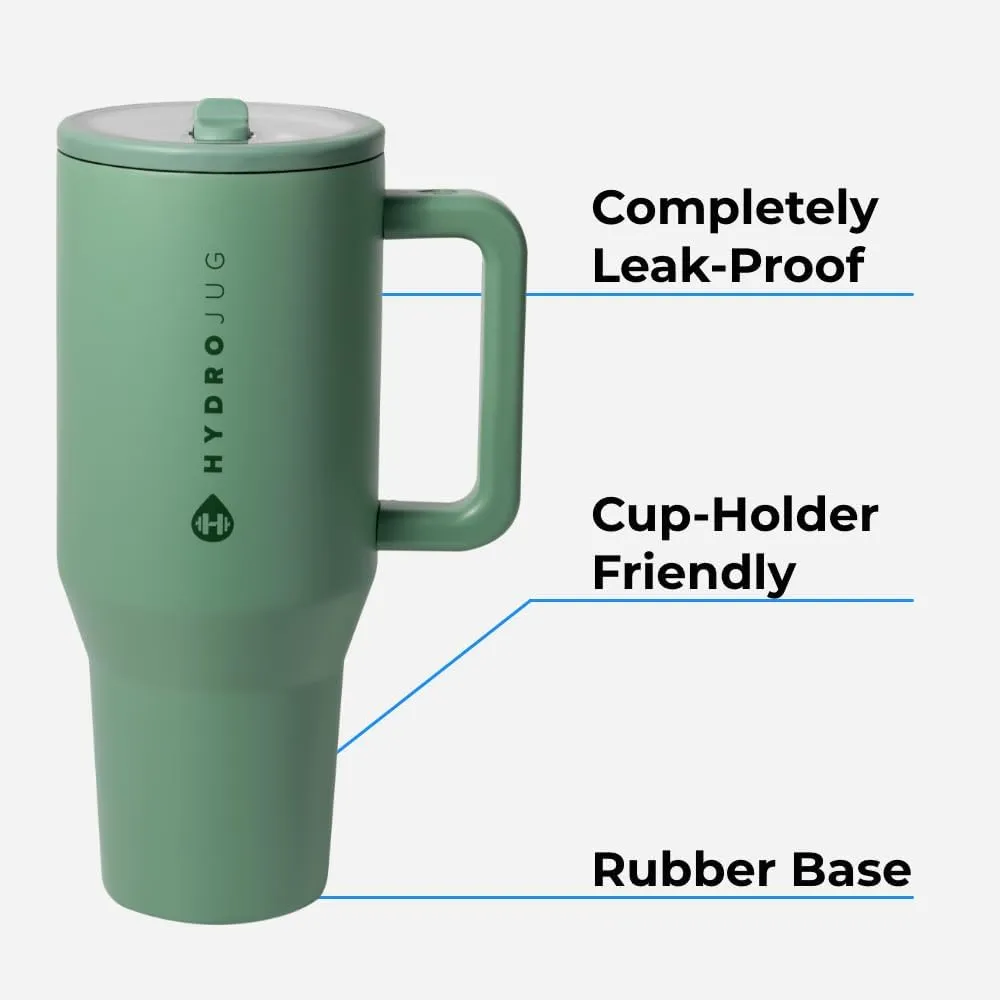 HydroJug Traveler - 40 oz Water Bottle with Handle & Flip Straw - Fits in Cup Holder, Leak Resistant Tumbler-Reusable Insulated Stainless Steel & Rubber Base - Gifts for Women & Men, Glacier