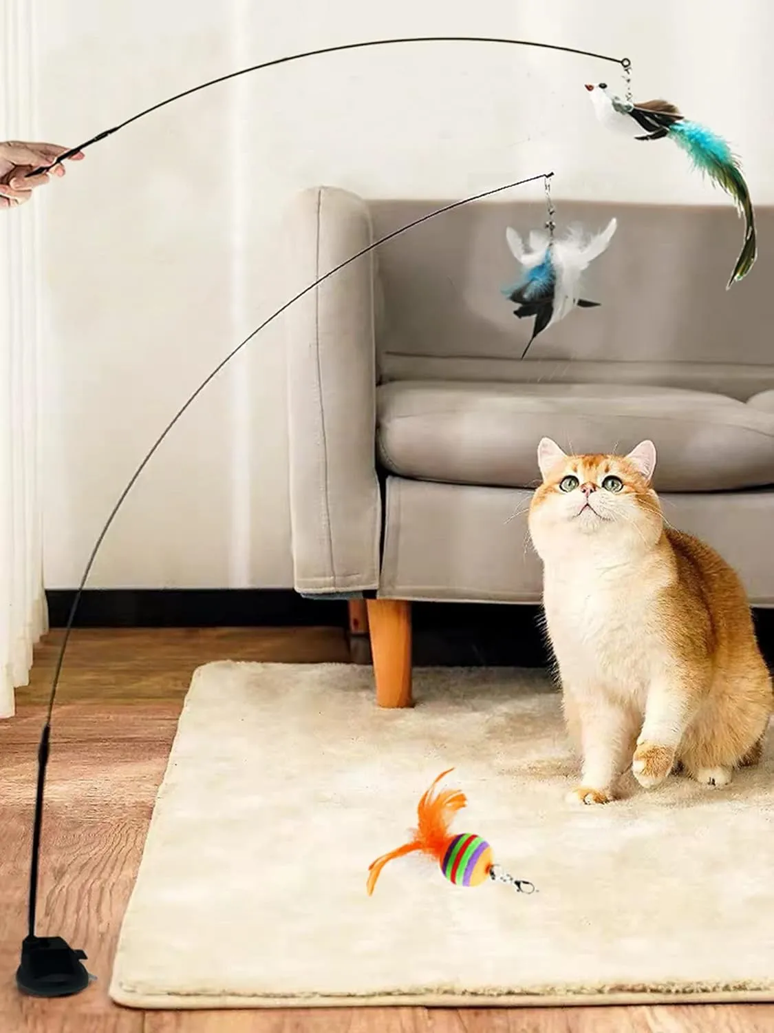 Interactive Cat Feather Toys with Super Strong Suction Cup, 3 Replaceable Feathers with Bell, 2 Detachable Wands, Extra Sticky Pad & Spring Toy  Fun Exercise for Indoor Cats & Kittens