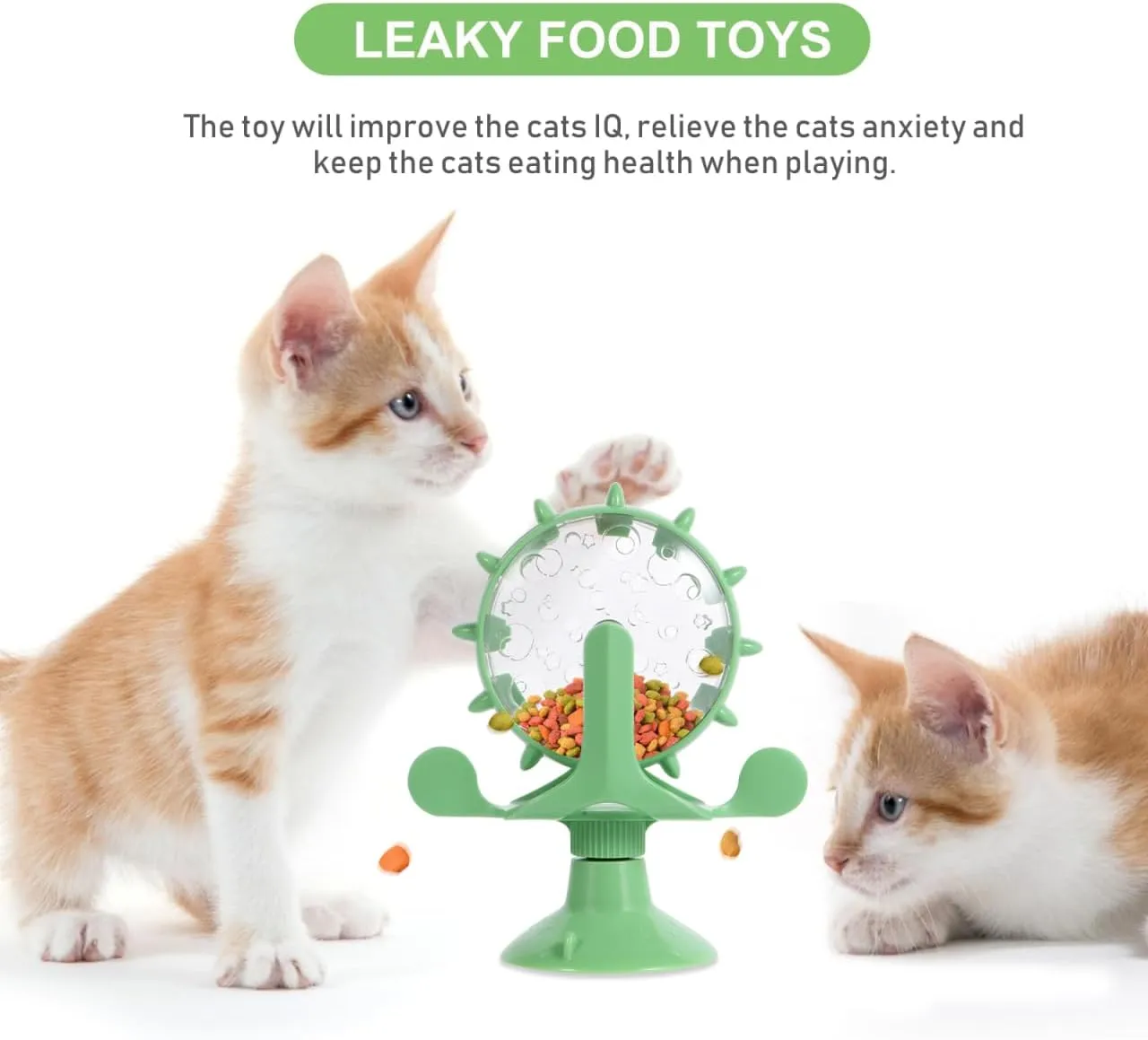 Interactive Pet Treats Dispenser Toy: 360 Degree Rotating Windmil Puzzle Toys for Small Cat & Dog - Green Exercise Wheel Cat Feeder with Suction Cup