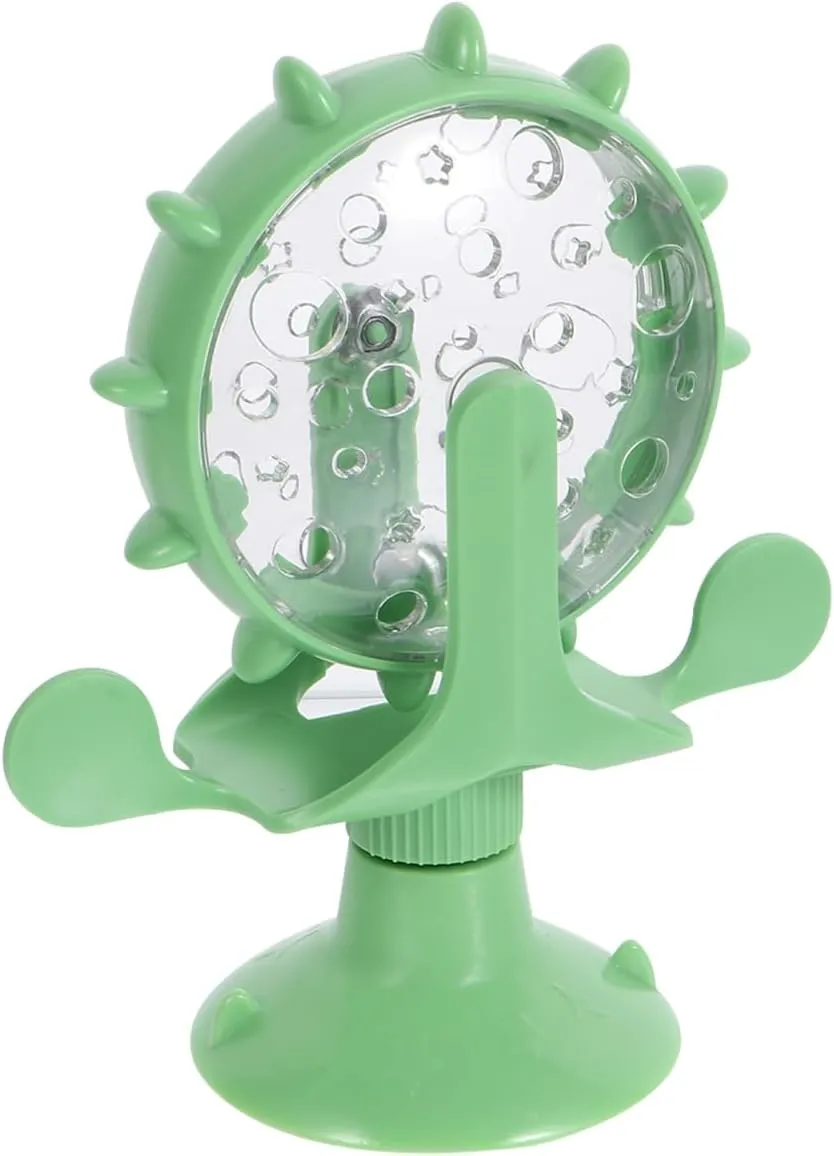 Interactive Pet Treats Dispenser Toy: 360 Degree Rotating Windmil Puzzle Toys for Small Cat & Dog - Green Exercise Wheel Cat Feeder with Suction Cup