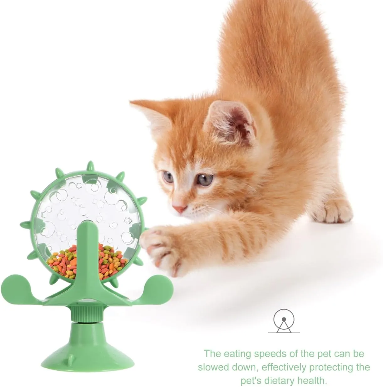 Interactive Pet Treats Dispenser Toy: 360 Degree Rotating Windmil Puzzle Toys for Small Cat & Dog - Green Exercise Wheel Cat Feeder with Suction Cup