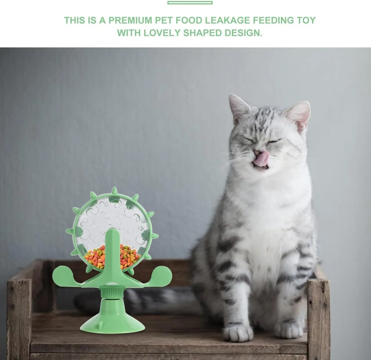 Interactive Pet Treats Dispenser Toy: 360 Degree Rotating Windmil Puzzle Toys for Small Cat & Dog - Green Exercise Wheel Cat Feeder with Suction Cup