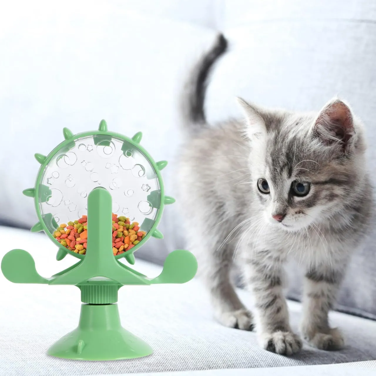 Interactive Pet Treats Dispenser Toy: 360 Degree Rotating Windmil Puzzle Toys for Small Cat & Dog - Green Exercise Wheel Cat Feeder with Suction Cup