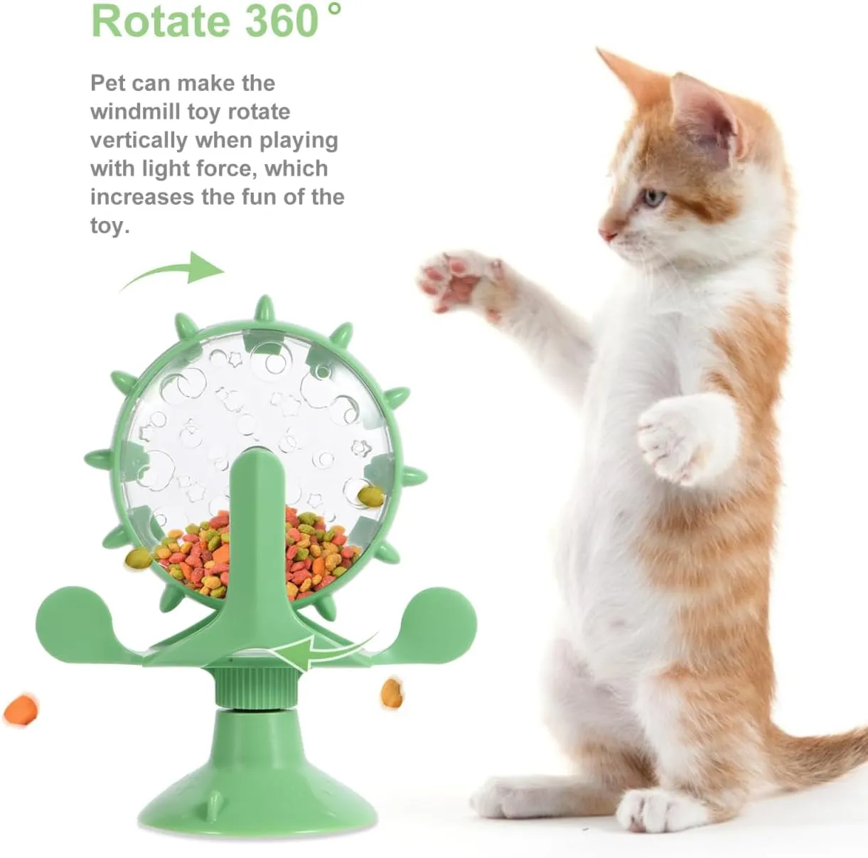 Interactive Pet Treats Dispenser Toy: 360 Degree Rotating Windmil Puzzle Toys for Small Cat & Dog - Green Exercise Wheel Cat Feeder with Suction Cup