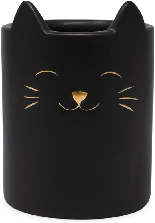 Isaac Jacobs Black Ceramic Cat Makeup Brush Holder, Multi-Purpose Cup Organizer. Bathroom, Kitchen, Bedroom, Office Dcor (Single Cup, Matte Black)
