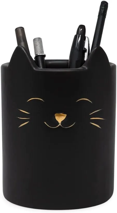 Isaac Jacobs Black Ceramic Cat Makeup Brush Holder, Multi-Purpose Cup Organizer. Bathroom, Kitchen, Bedroom, Office Dcor (Single Cup, Matte Black)