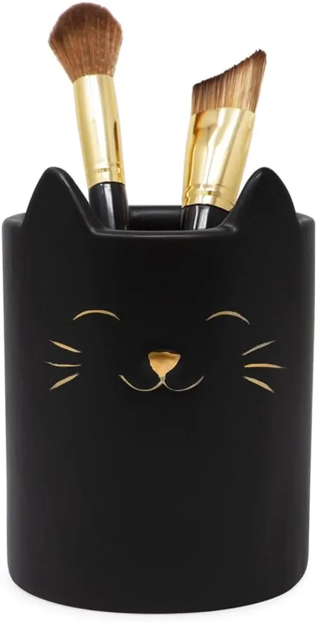 Isaac Jacobs Black Ceramic Cat Makeup Brush Holder, Multi-Purpose Cup Organizer. Bathroom, Kitchen, Bedroom, Office Dcor (Single Cup, Matte Black)
