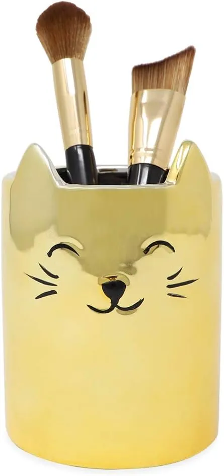 Isaac Jacobs Gold Ceramic Cat Makeup Brush Holder, Multi-Purpose Cup Organizer. Bathroom, Kitchen, Bedroom, Office Dcor (Single Cup, Metallic Gold)