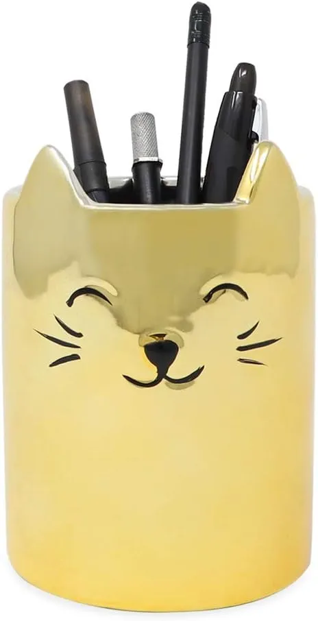 Isaac Jacobs Gold Ceramic Cat Makeup Brush Holder, Multi-Purpose Cup Organizer. Bathroom, Kitchen, Bedroom, Office Dcor (Single Cup, Metallic Gold)