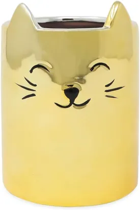 Isaac Jacobs Gold Ceramic Cat Makeup Brush Holder, Multi-Purpose Cup Organizer. Bathroom, Kitchen, Bedroom, Office Dcor (Single Cup, Metallic Gold)