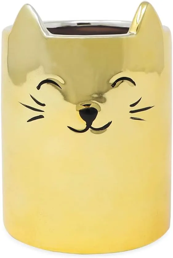 Isaac Jacobs Gold Ceramic Cat Makeup Brush Holder, Multi-Purpose Cup Organizer. Bathroom, Kitchen, Bedroom, Office Dcor (Single Cup, Metallic Gold)