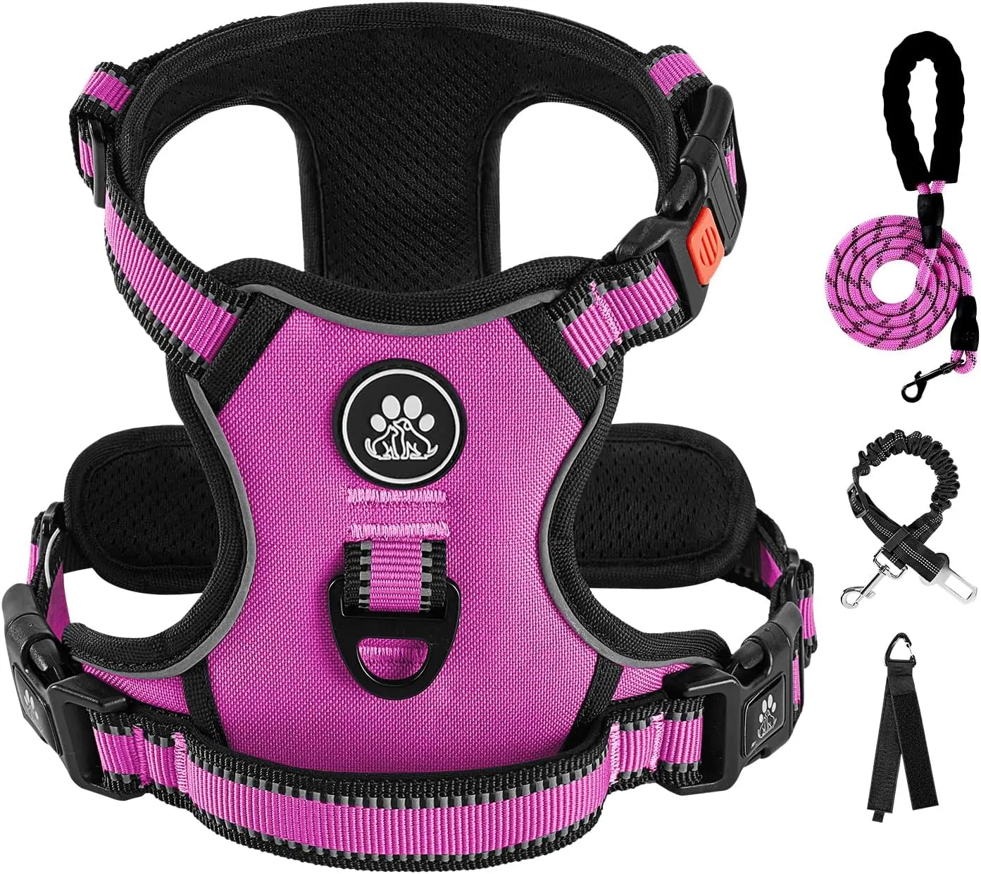 IVY&LANE No Pull Dog Harness for Medium Dogs,Dog Vest Harness with Leash,Safety Belt and Storage Strap, Fully Adjustable Harness,360 Reflective Strip,Soft Handle (Fuchsia Pink,M)
