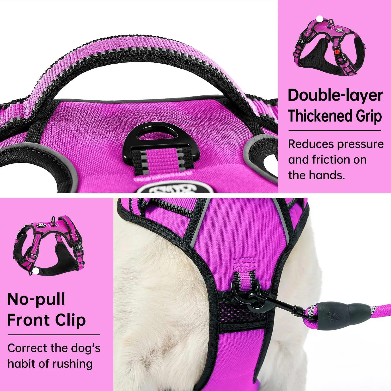 IVY&LANE No Pull Dog Harness for Medium Dogs,Dog Vest Harness with Leash,Safety Belt and Storage Strap, Fully Adjustable Harness,360 Reflective Strip,Soft Handle (Fuchsia Pink,M)