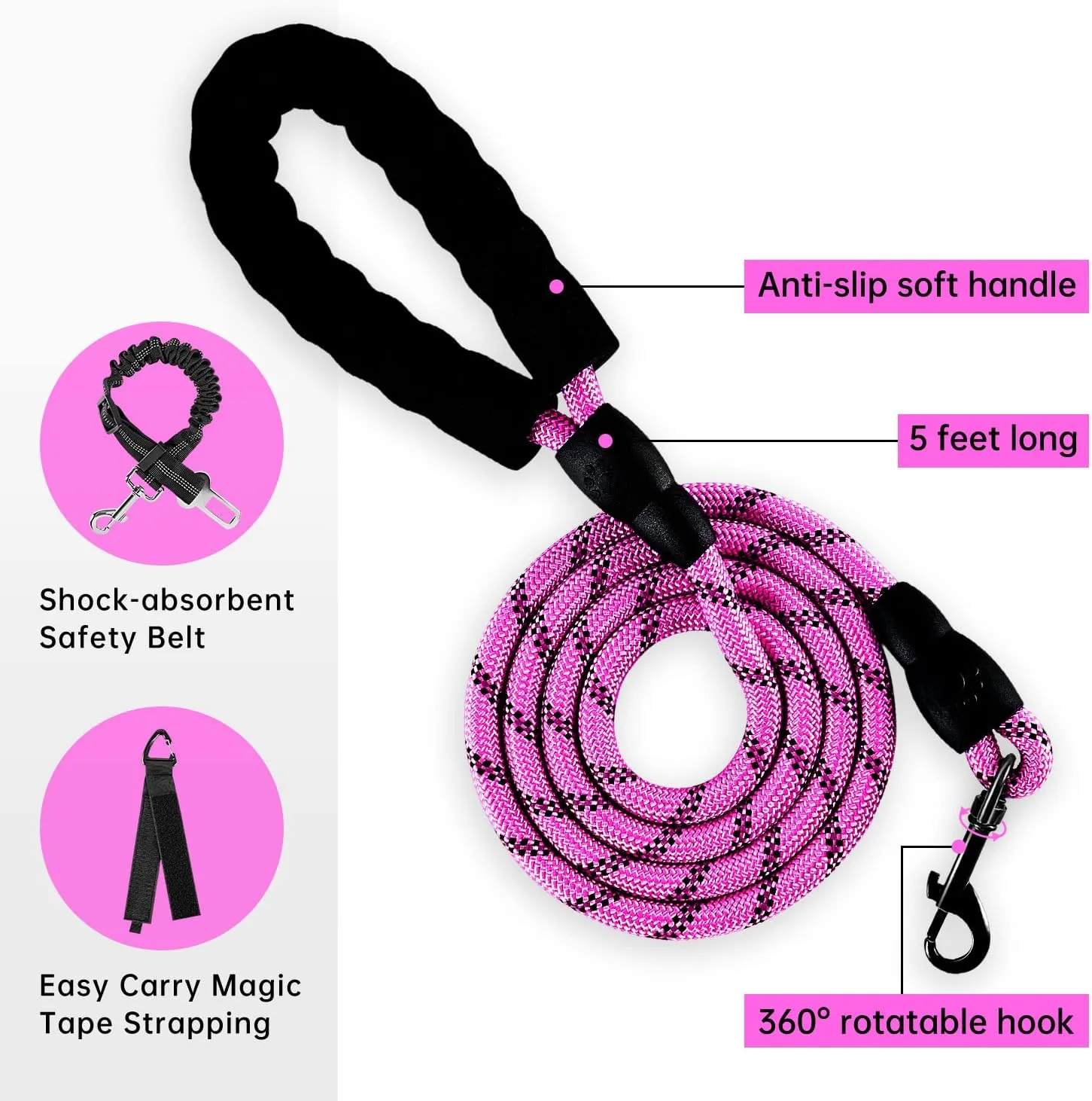 IVY&LANE No Pull Dog Harness for Medium Dogs,Dog Vest Harness with Leash,Safety Belt and Storage Strap, Fully Adjustable Harness,360 Reflective Strip,Soft Handle (Fuchsia Pink,M)