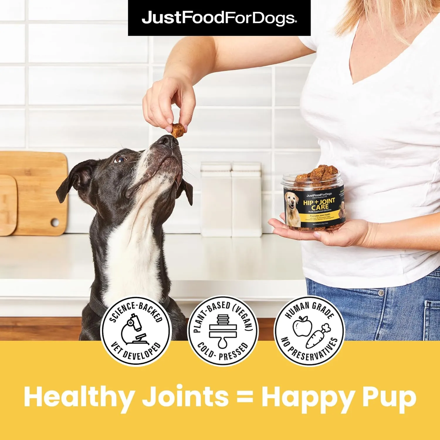 JustFoodForDogs Hip   Joint Soft Chews Mobility Supplement for Dogs with Glucosamine and Chondroitin, Superfood Blend, Human Grade, Plant-Based - 45 Count
