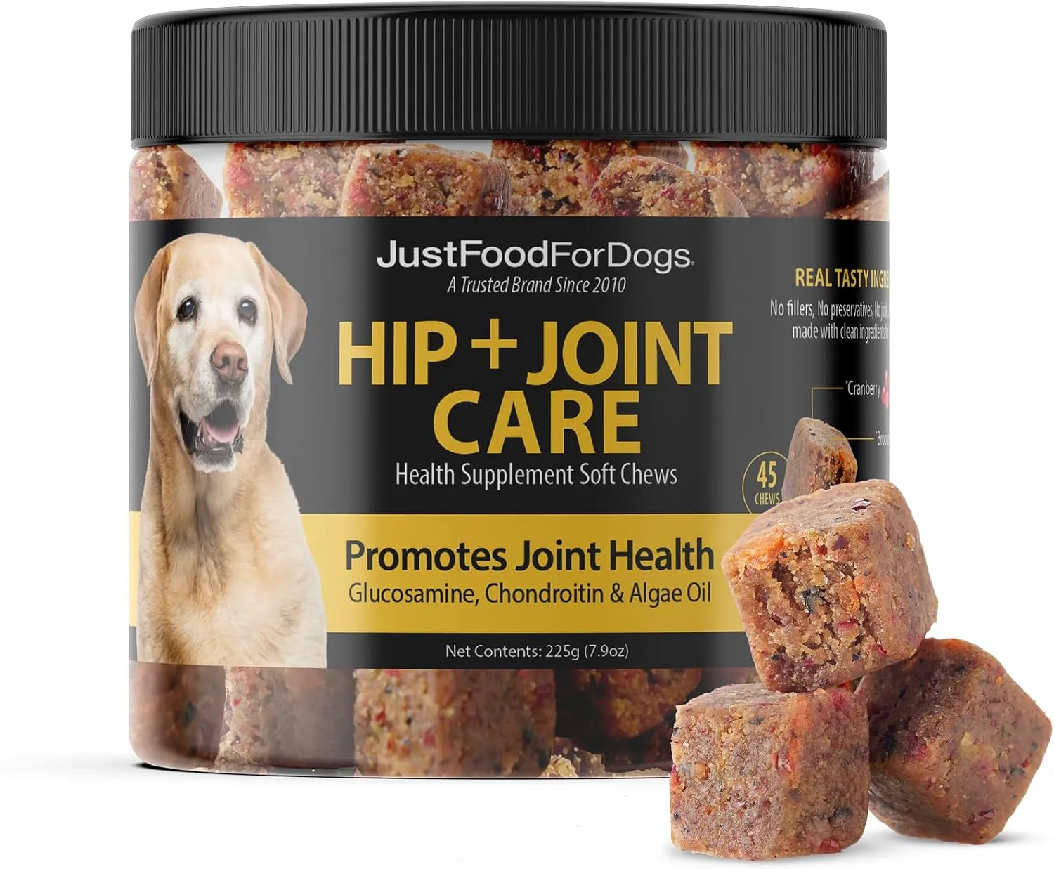 JustFoodForDogs Hip   Joint Soft Chews Mobility Supplement for Dogs with Glucosamine and Chondroitin, Superfood Blend, Human Grade, Plant-Based - 45 Count