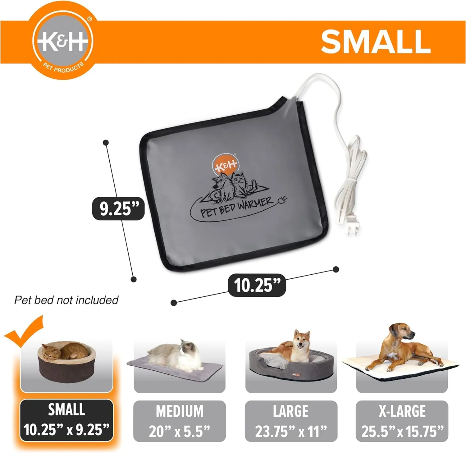 K&H Pet Products Pet Bed Warmer, Turn Any Pet Bed Into a Heated Cat or Dog Bed, Waterproof Indoor Heated Warming Pad Insert, Automatic Temperature, Safety Listed - Small 10.25 X 9.25in Gray