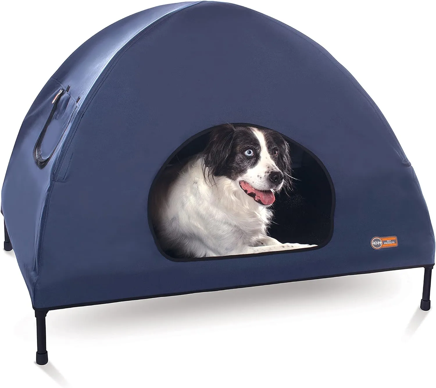 K&H Pet Products Pet Cot House for Large Dogs, Outdoor Elevated Dog Cot House, Enclosed Canopy, Window Flaps for Air Flow, Washable Cover, Raised Metal Frame, Collapsible - Large 42 X 30in Blue
