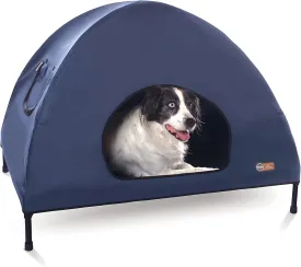K&H Pet Products Pet Cot House for Large Dogs, Outdoor Elevated Dog Cot House, Enclosed Canopy, Window Flaps for Air Flow, Washable Cover, Raised Metal Frame, Collapsible - Large 42 X 30in Blue