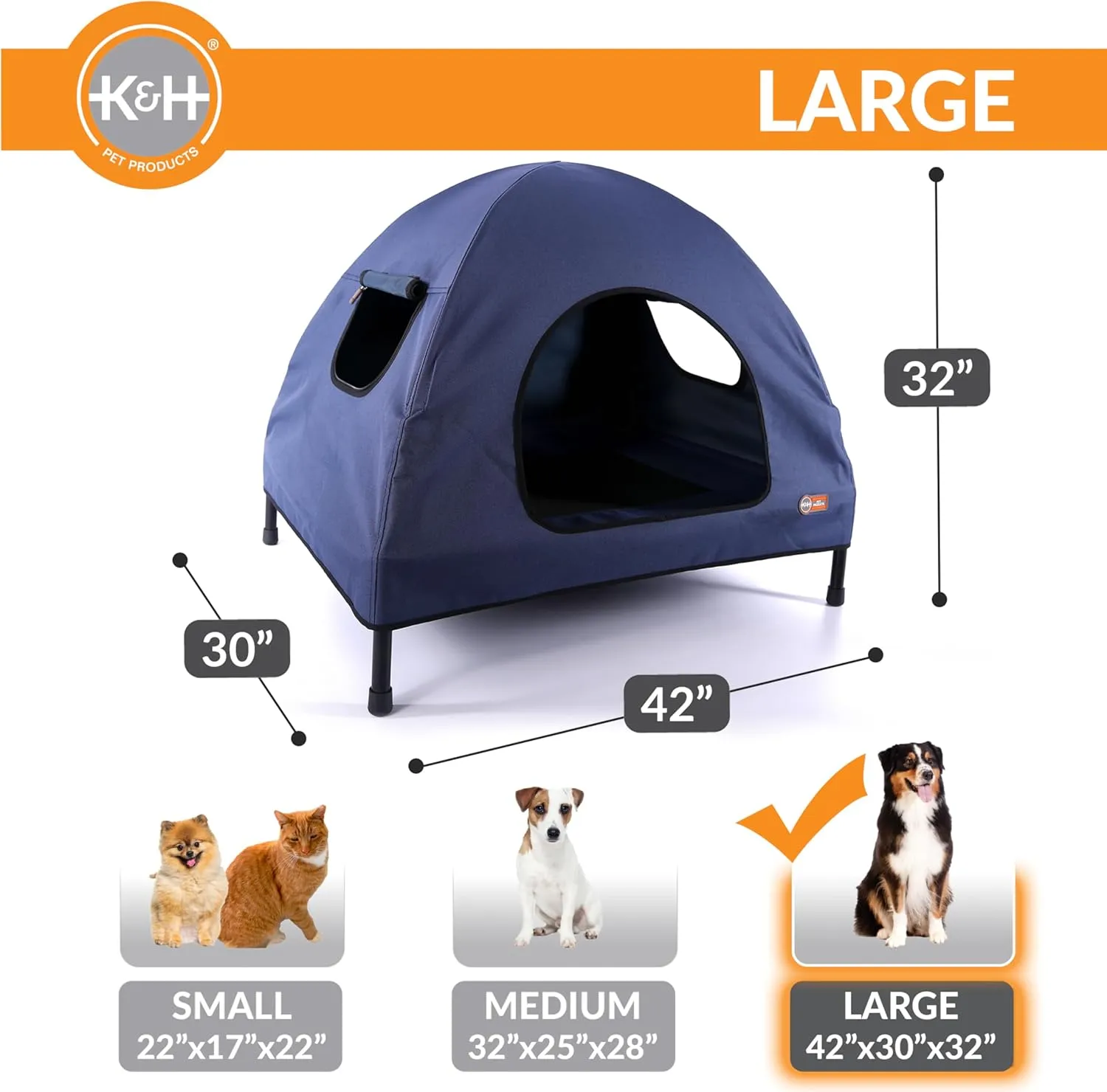 K&H Pet Products Pet Cot House for Large Dogs, Outdoor Elevated Dog Cot House, Enclosed Canopy, Window Flaps for Air Flow, Washable Cover, Raised Metal Frame, Collapsible - Large 42 X 30in Blue