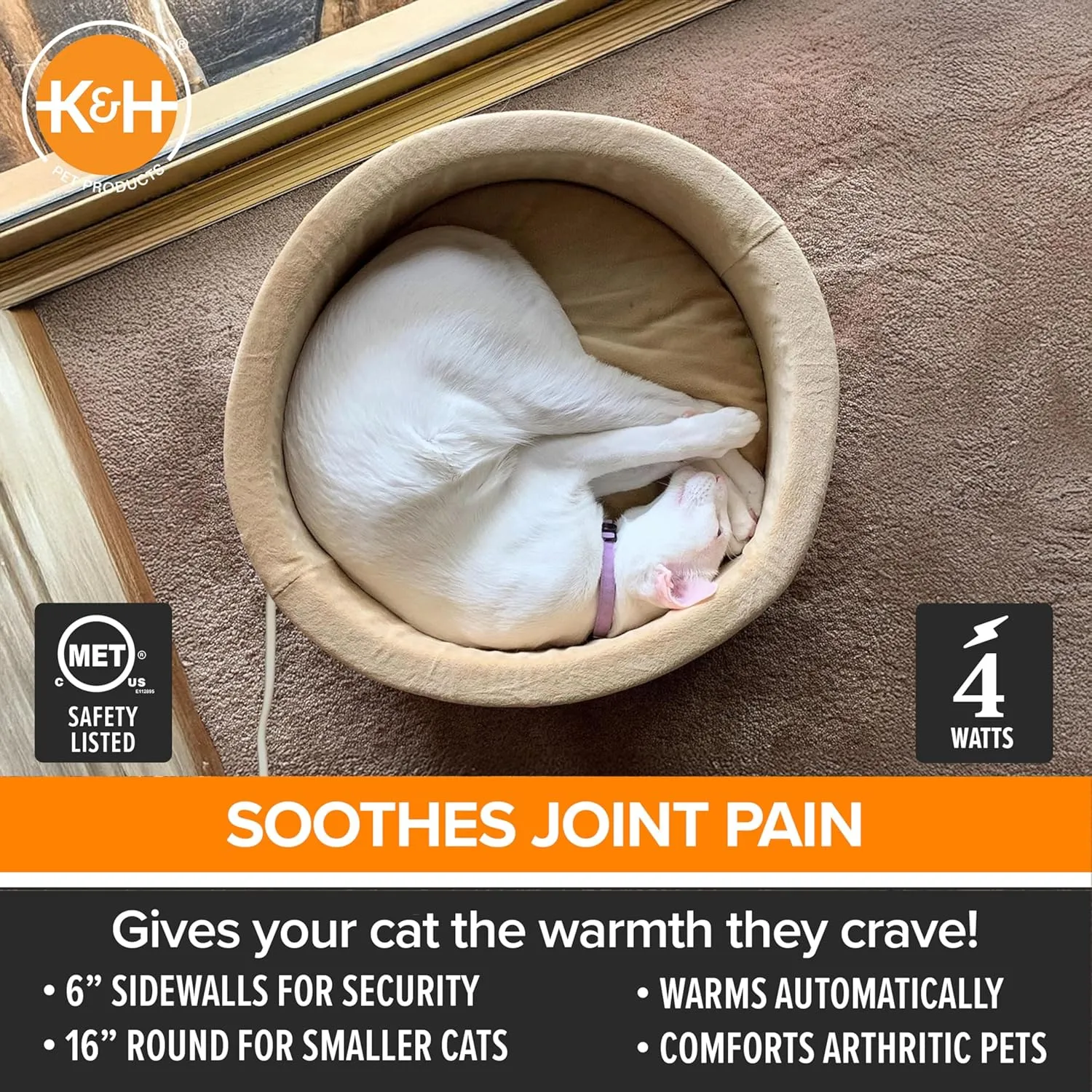 K&H Pet Products Thermo-Kitty Bed Heated Cat Beds for Indoor Cats & Dogs, Calming Warming Pillow Pet Bed, Machine Washable, Removable Heater, Safety Listed - Small 16" Round Sage/Tan