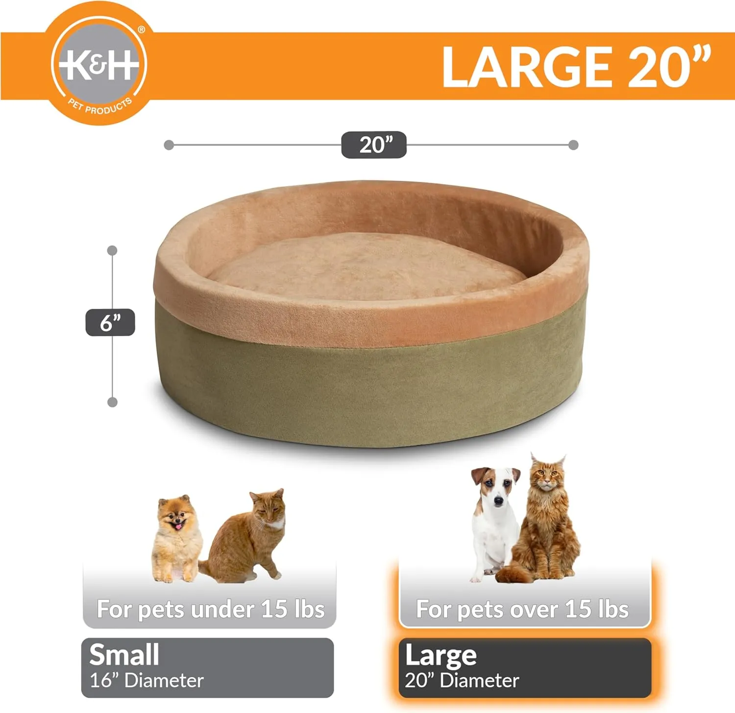 K&H Pet Products Thermo-Kitty Bed Heated Cat Beds for Large Indoor Cats & Dogs, Calming Warming Pillow Pet Bed, Machine Washable, Removable Heater, Safety Listed - Large 20" Round Sage/Tan