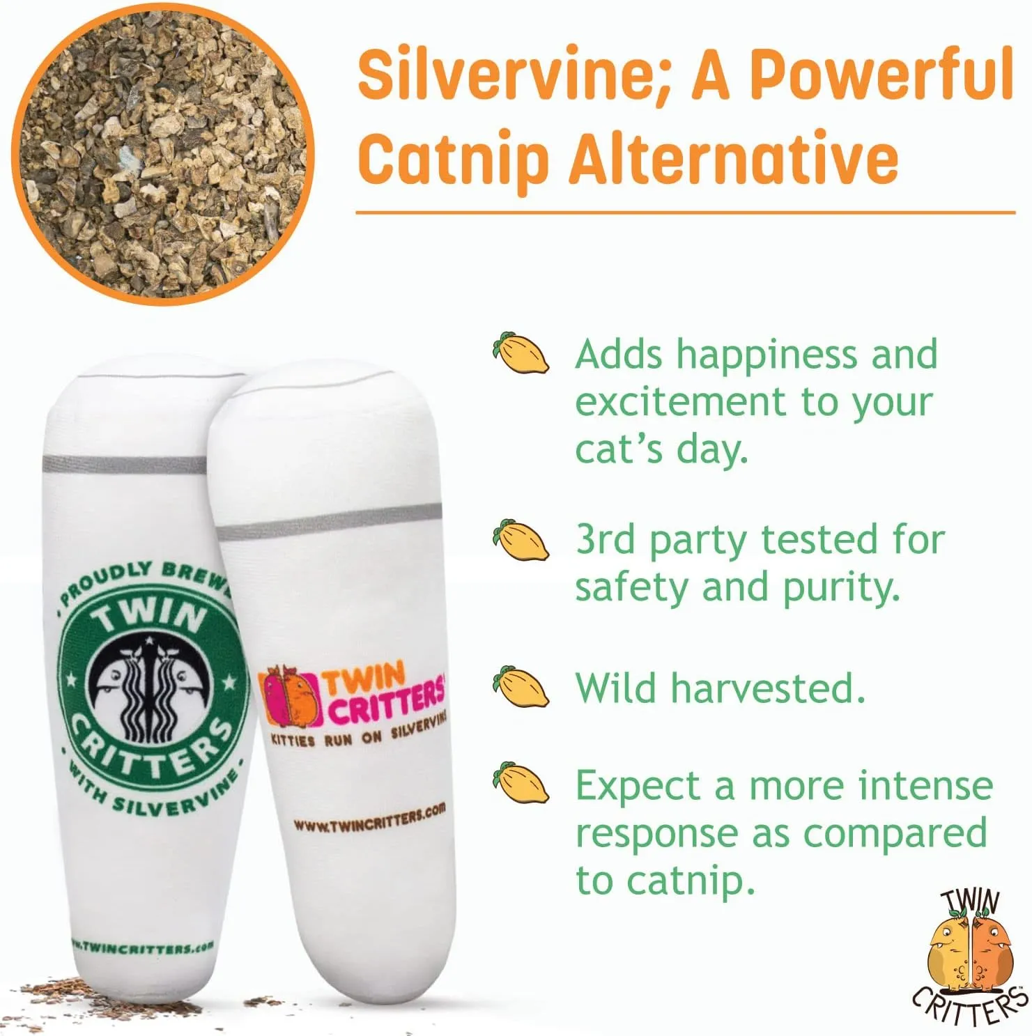 KittiBuzz 2-Pack Organic Silvervine Catnip Substitute Toys for Cats & Kittens | 100% All-Natural Wild Harvested Silvervine | 2 Refillable Coffe Cup Plush Cat Toys