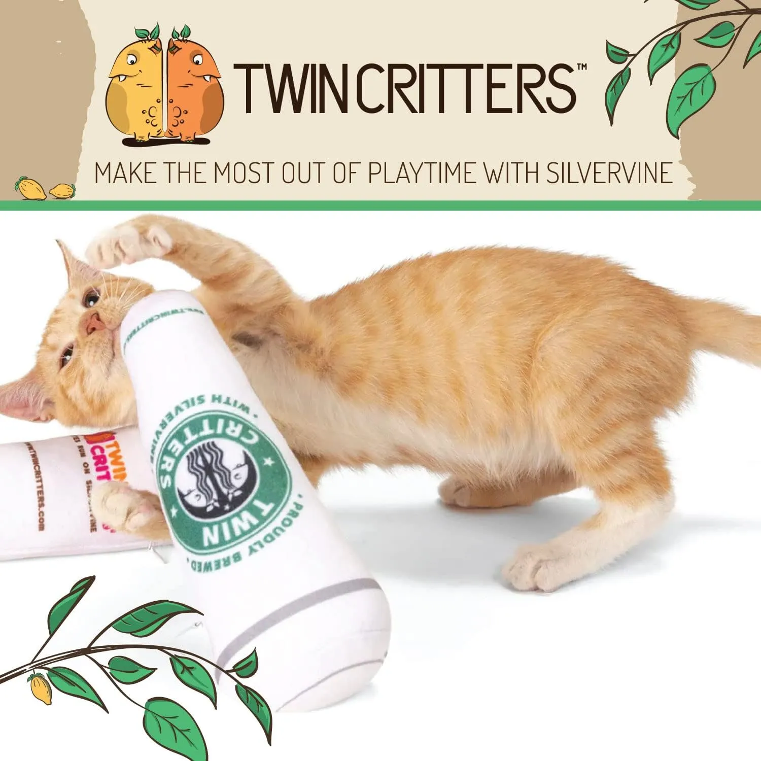 KittiBuzz 2-Pack Organic Silvervine Catnip Substitute Toys for Cats & Kittens | 100% All-Natural Wild Harvested Silvervine | 2 Refillable Coffe Cup Plush Cat Toys