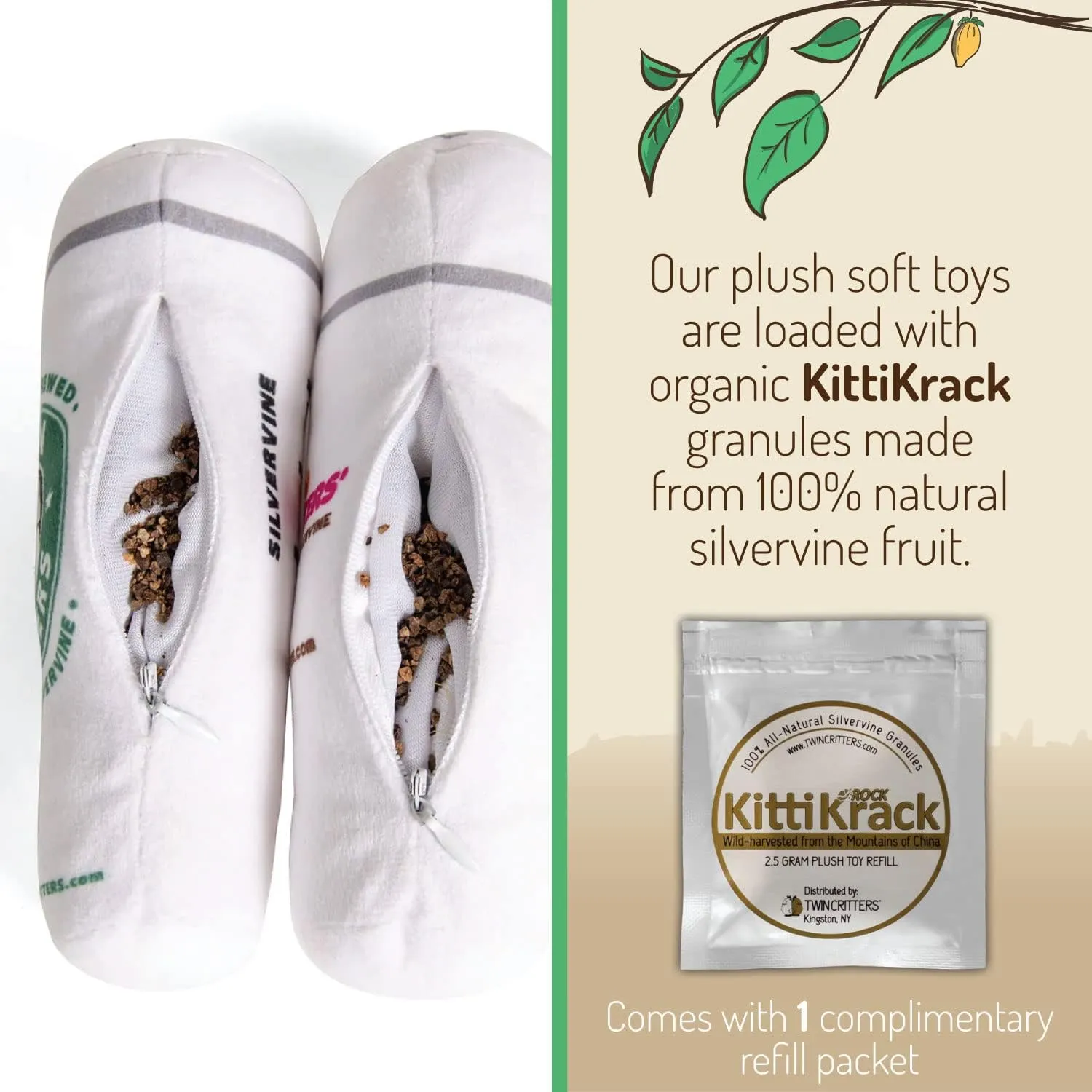 KittiBuzz 2-Pack Organic Silvervine Catnip Substitute Toys for Cats & Kittens | 100% All-Natural Wild Harvested Silvervine | 2 Refillable Coffe Cup Plush Cat Toys