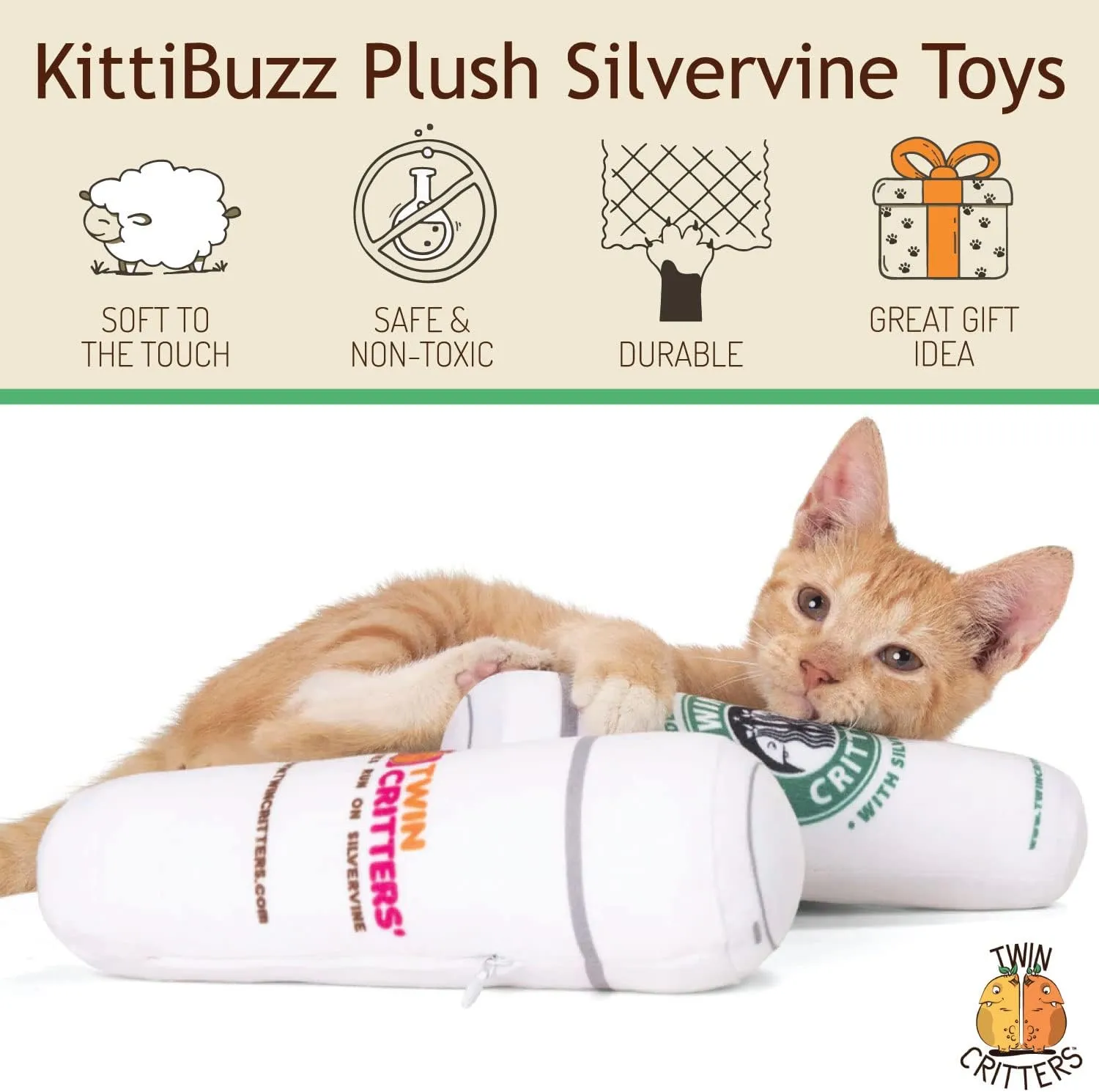 KittiBuzz 2-Pack Organic Silvervine Catnip Substitute Toys for Cats & Kittens | 100% All-Natural Wild Harvested Silvervine | 2 Refillable Coffe Cup Plush Cat Toys