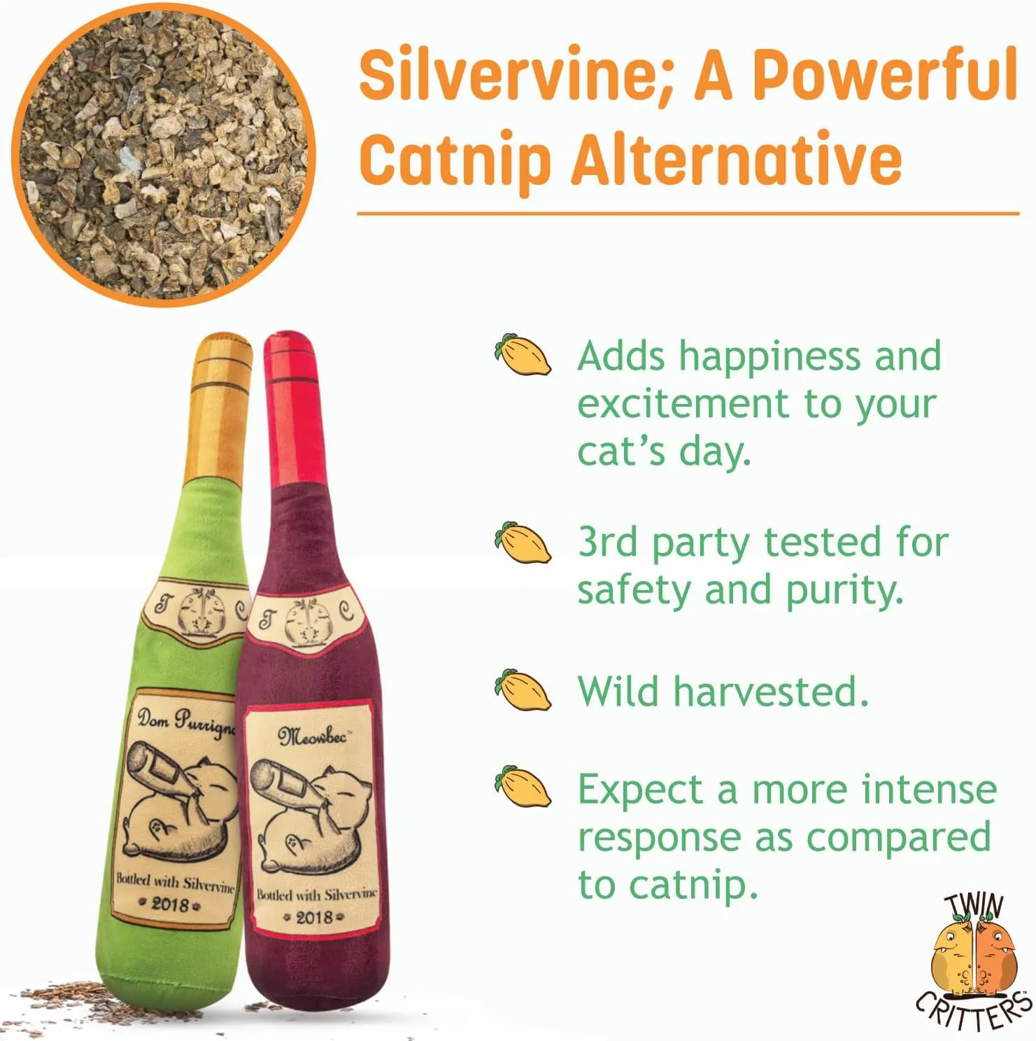 KittiLush 2-Pack Organic Silvervine Catnip Substitute Toys for Cats & Kittens | 100% All-Natural Wild Harvested Silvervine | 2 Refillable Wine Bottle Plush Cat Toys