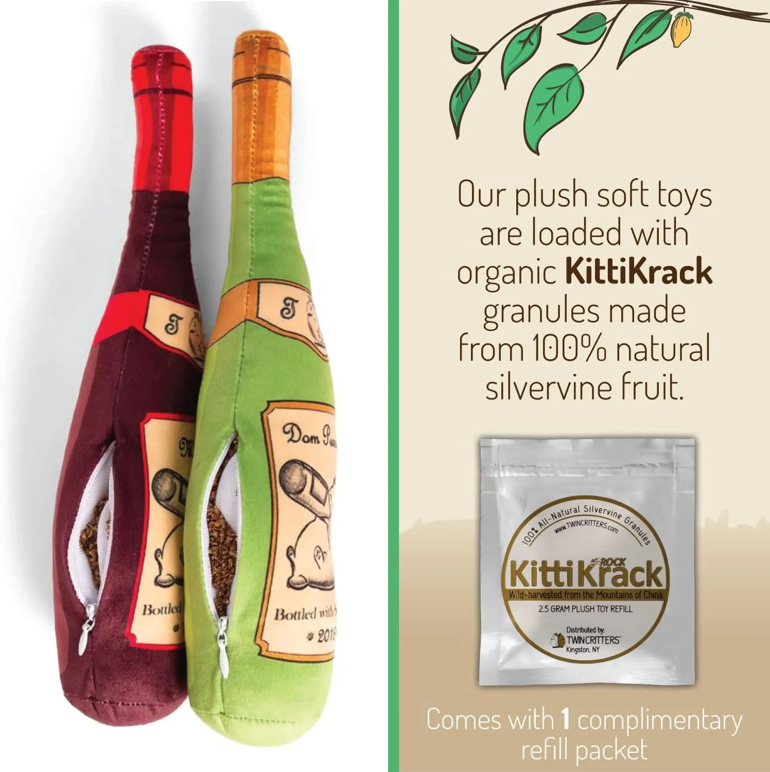 KittiLush 2-Pack Organic Silvervine Catnip Substitute Toys for Cats & Kittens | 100% All-Natural Wild Harvested Silvervine | 2 Refillable Wine Bottle Plush Cat Toys