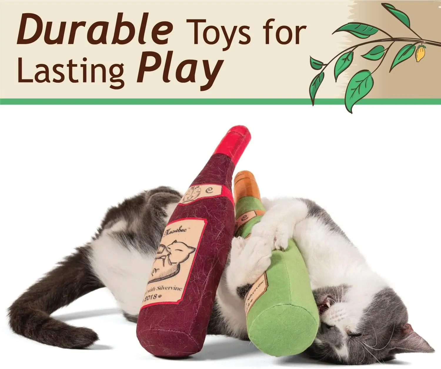 KittiLush 2-Pack Organic Silvervine Catnip Substitute Toys for Cats & Kittens | 100% All-Natural Wild Harvested Silvervine | 2 Refillable Wine Bottle Plush Cat Toys