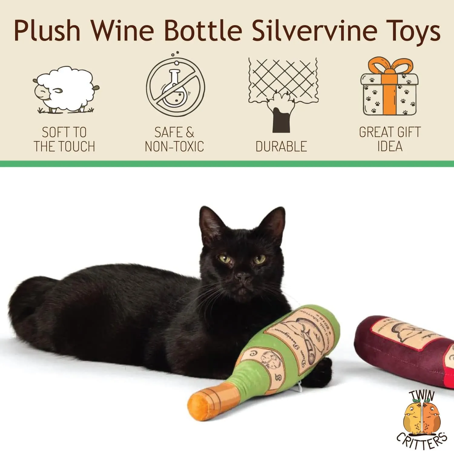KittiLush 2-Pack Organic Silvervine Catnip Substitute Toys for Cats & Kittens | 100% All-Natural Wild Harvested Silvervine | 2 Refillable Wine Bottle Plush Cat Toys