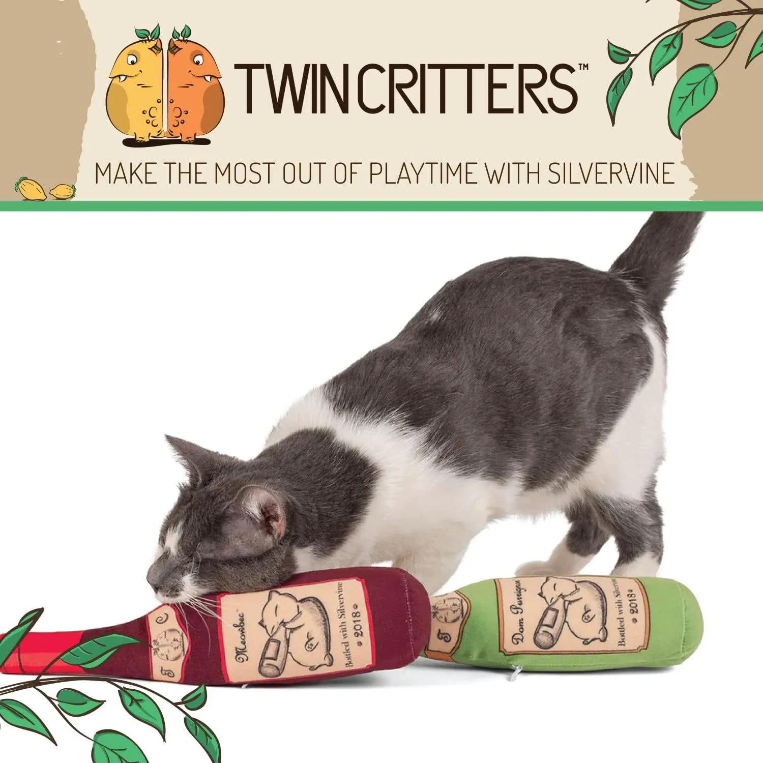 KittiLush 2-Pack Organic Silvervine Catnip Substitute Toys for Cats & Kittens | 100% All-Natural Wild Harvested Silvervine | 2 Refillable Wine Bottle Plush Cat Toys