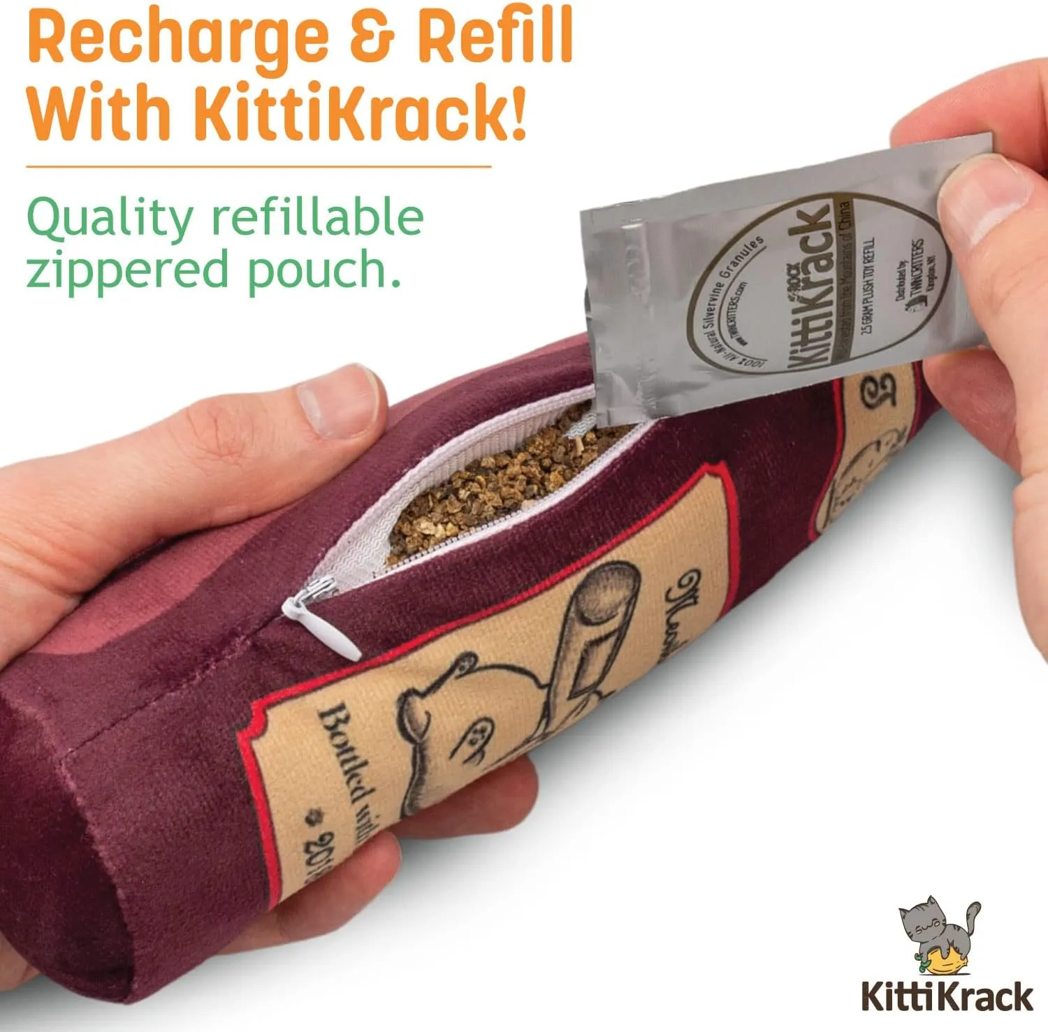 KittiLush 2-Pack Organic Silvervine Catnip Substitute Toys for Cats & Kittens | 100% All-Natural Wild Harvested Silvervine | 2 Refillable Wine Bottle Plush Cat Toys