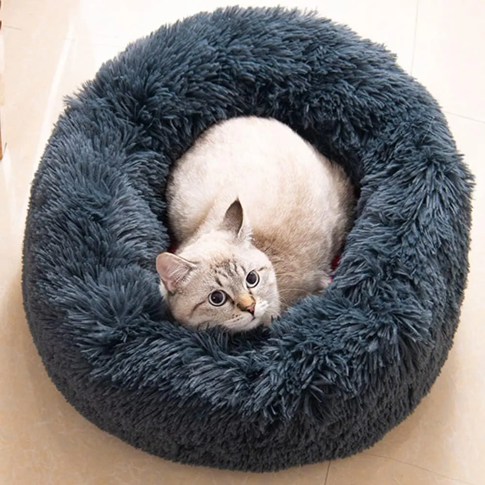KittyNest Washable 24" Round Plush Faux Fur Cat Bed - Anti-Anxiety, Thick Bottom (Dark Grey, Large) for Indoor Cats & Small/Medium Dogs