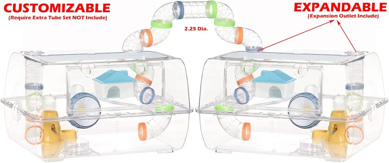 Large Deluxe 2-Tiers Acrylic Dwarf Hamster Home Mouse Gerbil Reptiles Palace Rat Habitat Cage Running Wheel Water Bottle Food Bowl Expandable Outlet