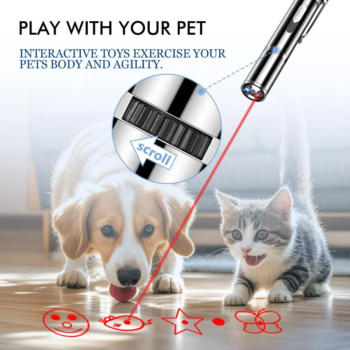 Laser Pointer Cat Toys, Cat Laser Pointer Toy with Three Light Modes, Five Adjustable Patterns,USB Portable Charging, Interactive cat Toy Multifunctional and Portable