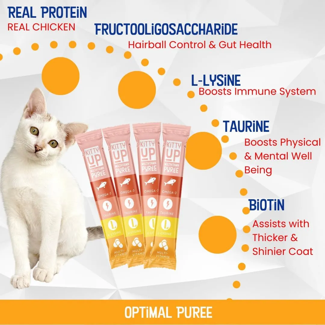 Lickable Cat Treat Pouches for Indoor Cats - All Natural Chicken Puree Tube Treats, Kitten and Senior Soft Wet Cat Treats - Grain Free, Lysine, Taurine; 12 Tubes .05 oz ea.