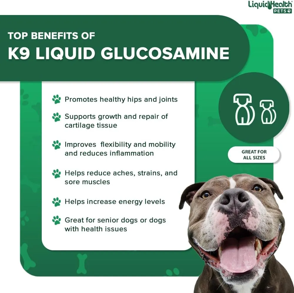 LIQUIDHEALTH Pets K9 Liquid Glucosamine for Dogs, Puppies, Senior Canines with Chondroitin, MSM, Hyaluronic Acid - Dog Vitamins for Hip & Joint Health, Dog Joint Oil, Joint Juice - Made in USA (32 oz)