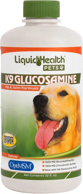 LIQUIDHEALTH Pets K9 Liquid Glucosamine for Dogs, Puppies, Senior Canines with Chondroitin, MSM, Hyaluronic Acid - Dog Vitamins for Hip & Joint Health, Dog Joint Oil, Joint Juice - Made in USA (32 oz)