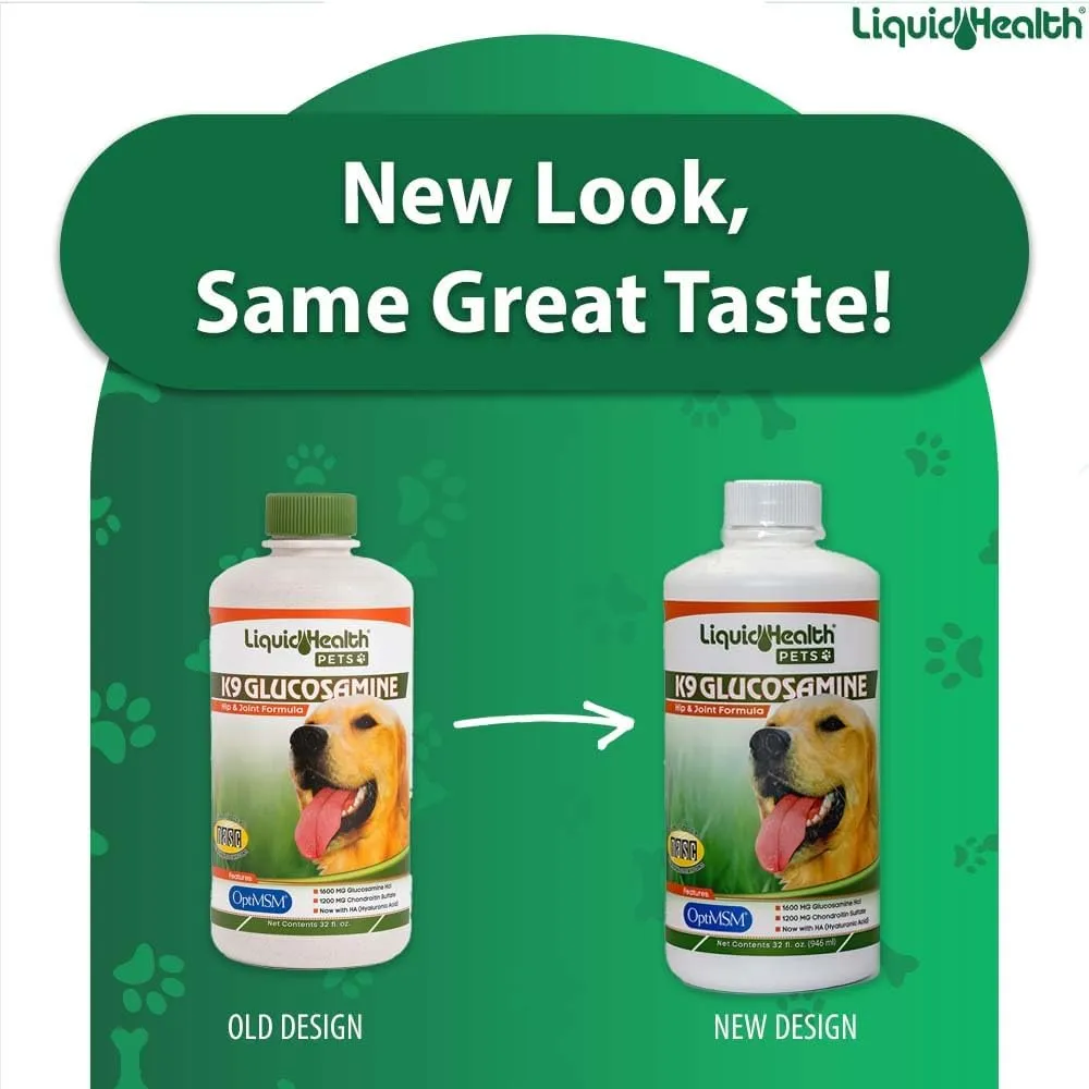 LIQUIDHEALTH Pets K9 Liquid Glucosamine for Dogs, Puppies, Senior Canines with Chondroitin, MSM, Hyaluronic Acid - Dog Vitamins for Hip & Joint Health, Dog Joint Oil, Joint Juice - Made in USA (32 oz)