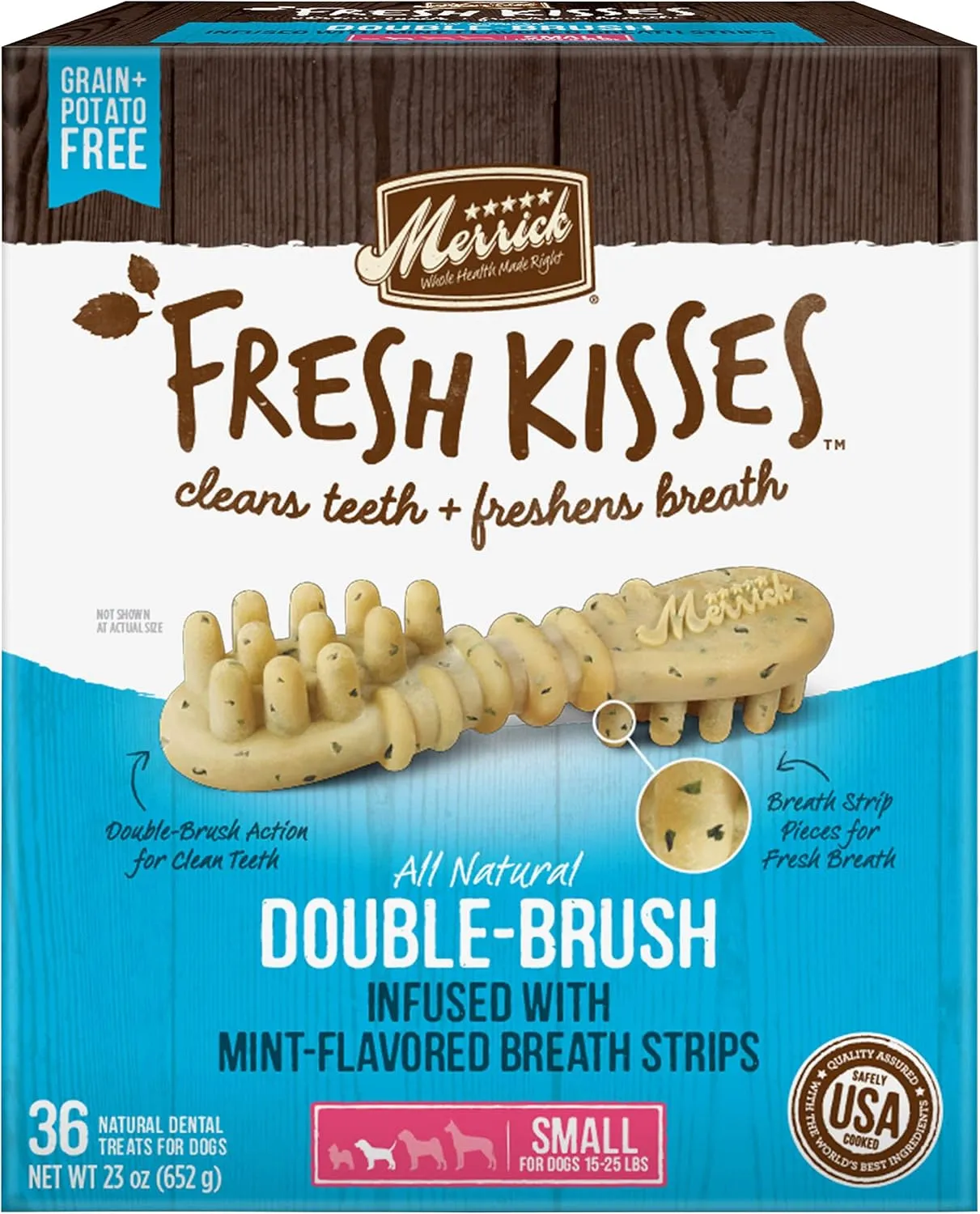 Merrick Fresh Kisses Double-Brush Dental Dog Treats with Mint Breath 36 Count (Pack of 2)
