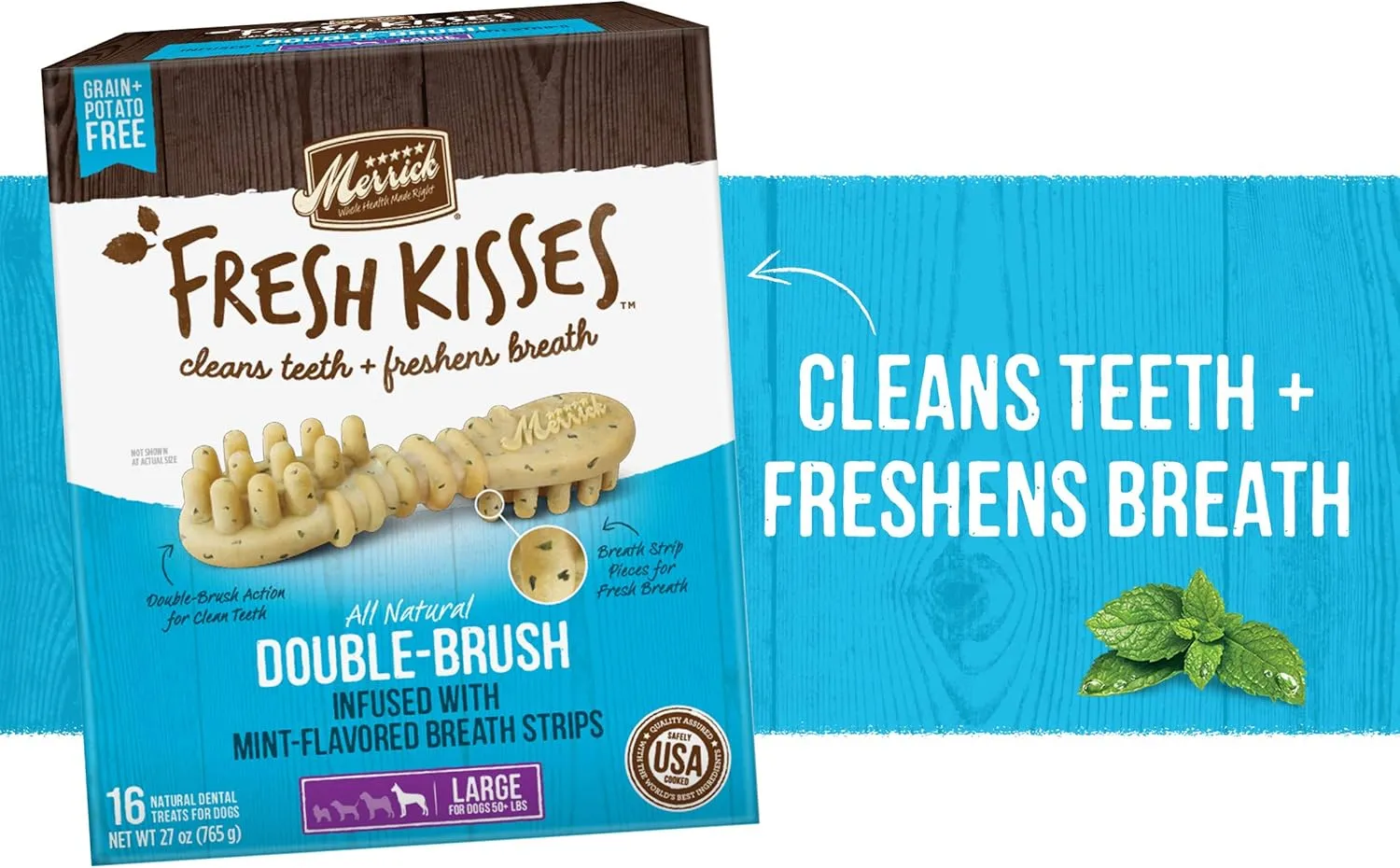 Merrick Fresh Kisses Natural Dental Chews, Toothbrush Shape Treat Infused With Real Mint, For Large Dogs - 22 ct. Box