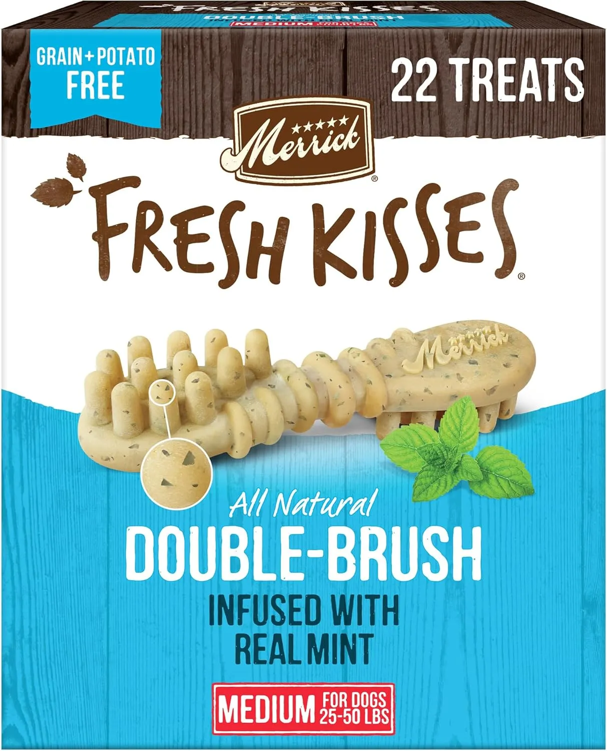 Merrick Fresh Kisses Natural Dental Chews Toothbrush Shape Treat Infused With Real Mint Medium Dogs - 22 ct. Box