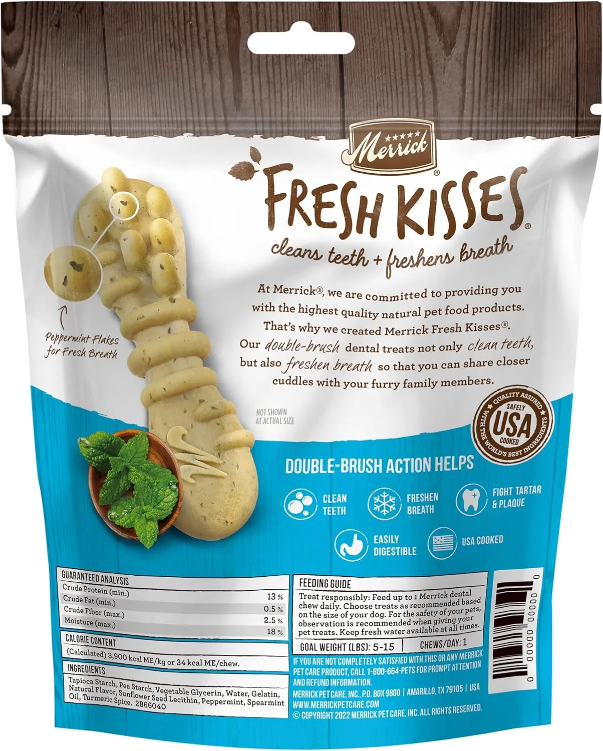 Merrick Fresh Kisses Natural Dental Chews Toothbrush Treat Shape Infused With Real Mint For Tiny Dogs 5-15 Lbs - 20 ct. Bag