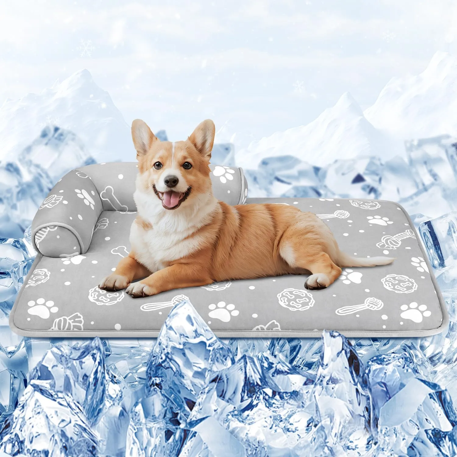 MH MYLUNE HOME Dog & Cat Cooling Mat with Supportive Pillows, 30"x20" Arc-Chill Fiber & Endothermic Color Changing Self Cooling Pad, Foldable & Washable Non-Toxic Summer Pet Blanket